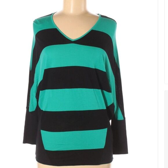 Vince Camuto Dolman Sleeve Black Green Striped Top - Picture 1 of 7